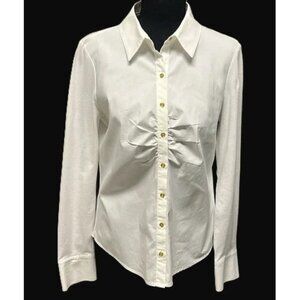 Dana Buchman White Stretch Knit & Cotton Button Front Long Slv Blouse Plus Sz 2X